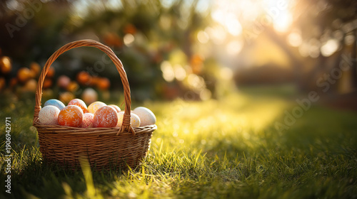 Wicker Basket Filled with Easter Eggs Outdoors