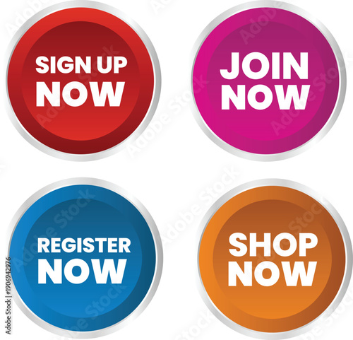 A colorful set of call-to-action buttons for website or app registration and shopping