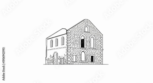 Old stone building with arched windows, partially in disrepair, rendered in line art