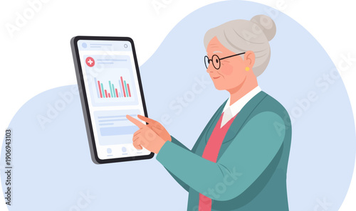 Older woman using tablet with health data, interacting with screen