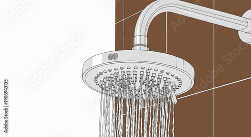 Modern showerhead spraying water in a tiled bathroom