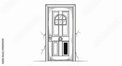 Old wooden door with arched glass window and cracks