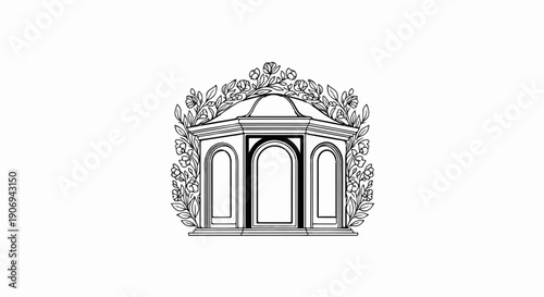 Ornate, floral-adorned classical gazebo structure, rendered in black and white line art