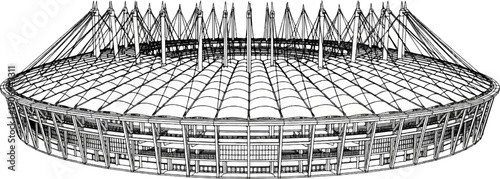 Modern stadium with a complex, tent-like roof structure supported by external poles