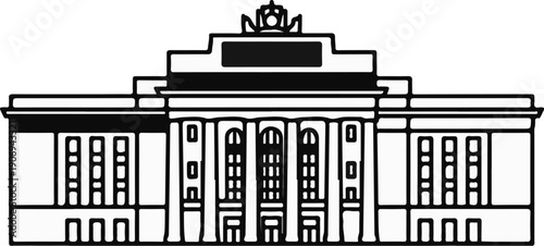 Ornate facade of a classical building with arched windows and a central crown