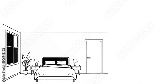Minimalist line drawing of a bedroom with a bed, nightstands, window, door, and plant