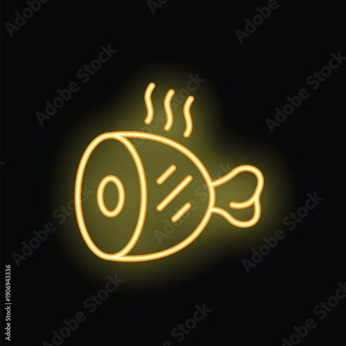 Glowing neon icon of a cooked ham with steam, perfect for food and restaurant businesses