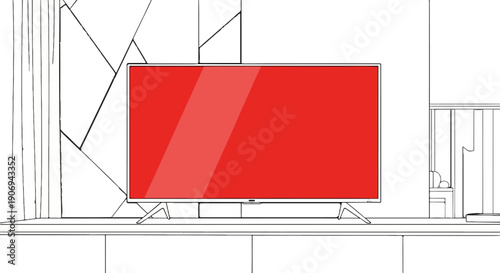 Modern television with red screen on a shelf against a geometric wall