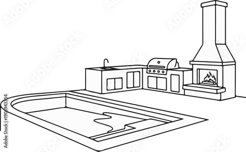 Outdoor kitchen area with built-in grill, sink, fireplace, and pool