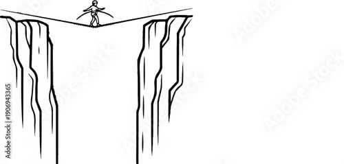Person walks a tightrope across a chasm between two cliffs
