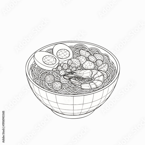 Hand-drawn sketch of a delicious bowl of ramen noodles with shrimp, eggs, and meatballs, perfect for food blogs and culinary art.