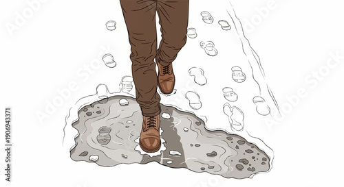 Person walking through melting snow with boot prints