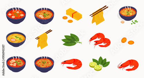 Isometric Collection of Asian Noodle Soup Ingredients and Dishes with Shrimp, Noodles, and Vegetables