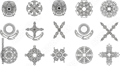 Ornate emblems and symbols with sun, eagle, cross, and geometric patterns