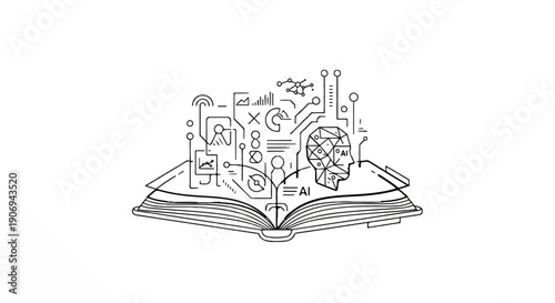 Open book with AI-themed graphics and data visualization emerging