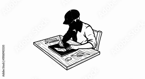 Person wearing a cap drawing on a desk with drafting tools
