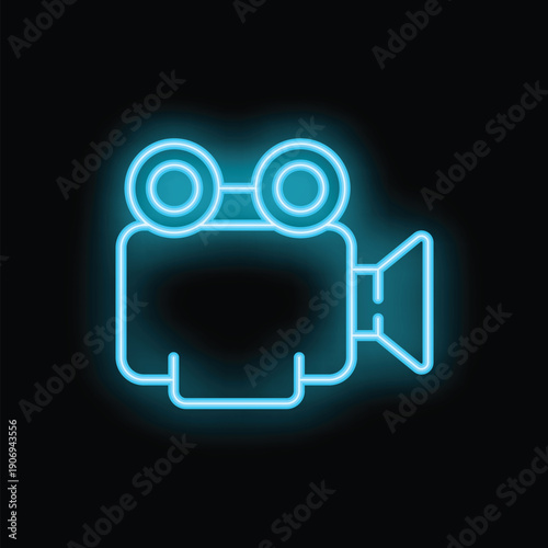 Blue neon icon of a vintage movie camera glowing on a black background