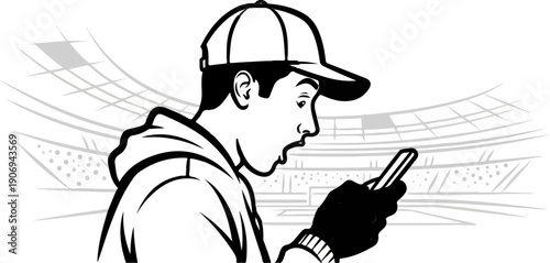 Person wearing cap & hoodie watches phone with surprised expression, stadium background