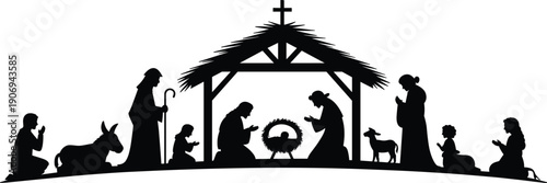 Christmas Nativity Scene Silhouette with Holy Family Baby Jesus Manger Shepherds and Animals Isolated on White Background Religious Illustration