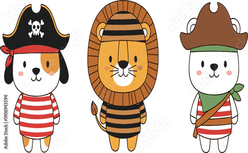 Cute animal characters in pirate and lion costumes, adorable kids cartoon mascots for party, costume and fantasy design flat vector illustration isolated on white background