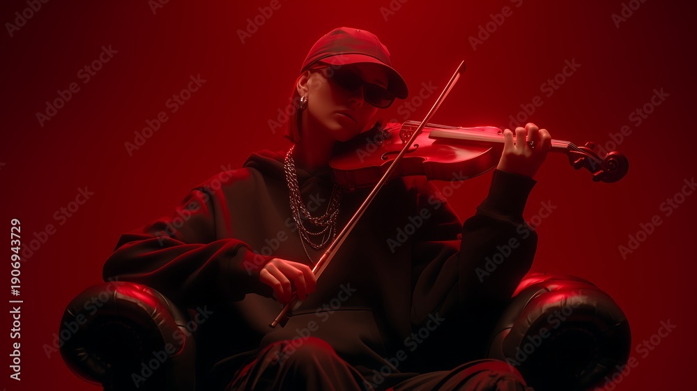 Fototapeta premium Man playing violin intensely in a red-lit room on a leather chair