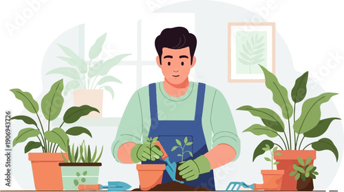 Person indoors plants small seedling in pot with gardening tools