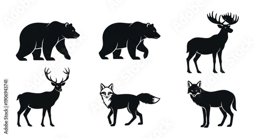 Collection of Woodland Animal Silhouettes Including Bears Deer Fox and Moose.