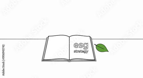 Open book with ESG strategy text and a green leaf