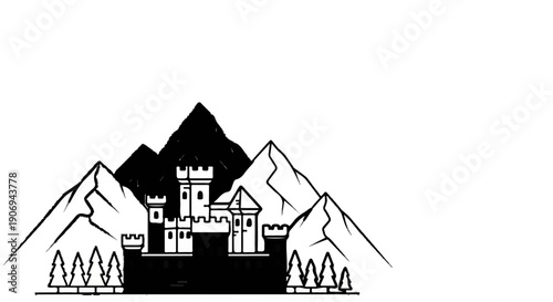 Medieval fortress sits atop a mountain, surrounded by trees and peaks
