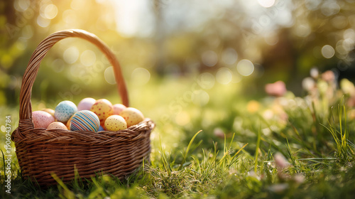 Easter Eggs in Basket with Sunlight Background