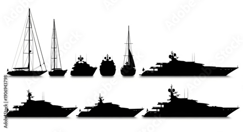 Collection of Yacht and Sailboat Silhouettes on White Background.
