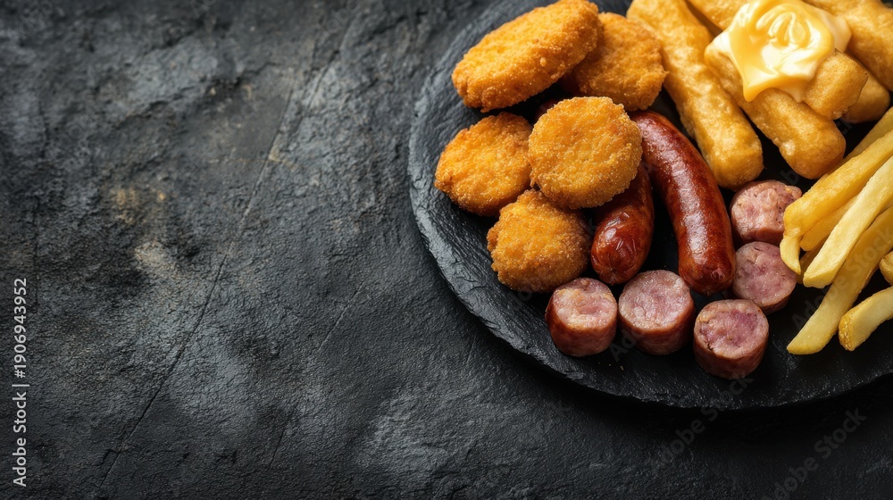 Fototapeta premium Assorted platter with chicken nuggets, sausages, french fries, and potato wedges.