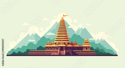 Ornate temple structure rises against a backdrop of layered mountains