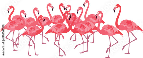 Group of pink flamingos standing together in a playful formation, showcasing their vibrant feathers and long legs.