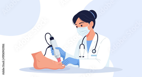 Medical professional using device on a patient's foot, emphasizing foot care