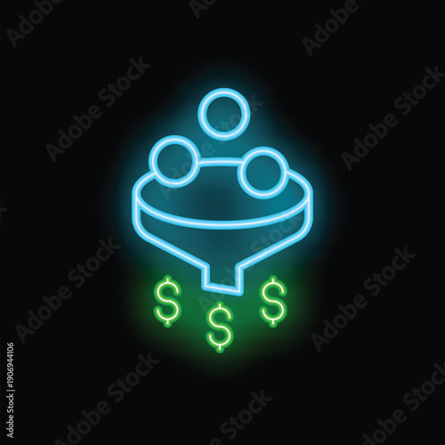 Glowing neon icon of a sales funnel generating money, representing the concept of sales leads conversion