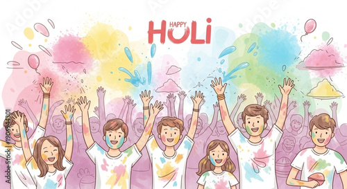 Happy Holi festival celebration diverse people throwing colorful powder vibrant illustration for event promotion and greeting cards