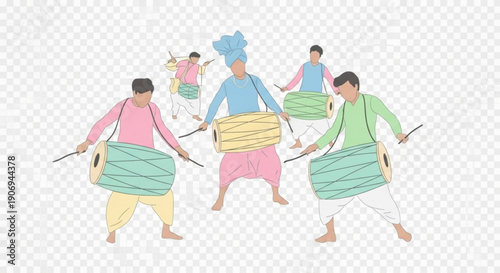 Group of men playing dhol drums in traditional Punjabi attire vibrant cultural celebration illustration folk music performance concept