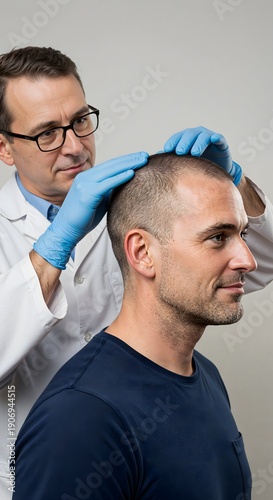 Professional hair transplant specialist examining a male patient's hairline during a consultation in a modern clinic. Concept of hair restoration surgery and regaining confidence.