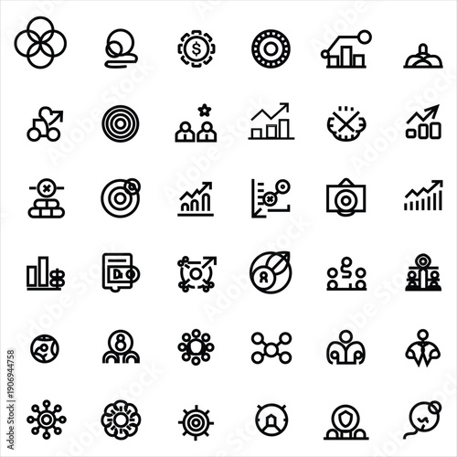 Cohesive set of bold black business icons representing finance, strategy, and teamwork on white background.