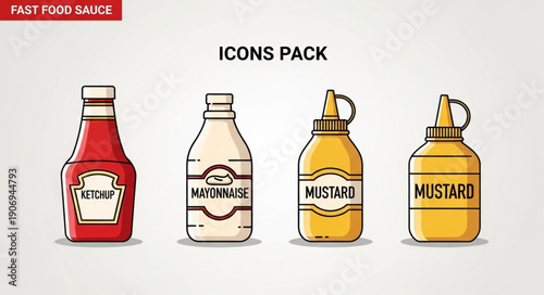 Condiment Bottles Icon Pack for Fast Food Sauce.