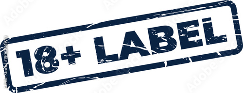 Distressed rubber stamp features an 18 plus label for age restricted content, warning viewers about mature material