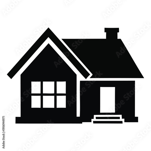 Simplified black house illustration with chimney and steps on white