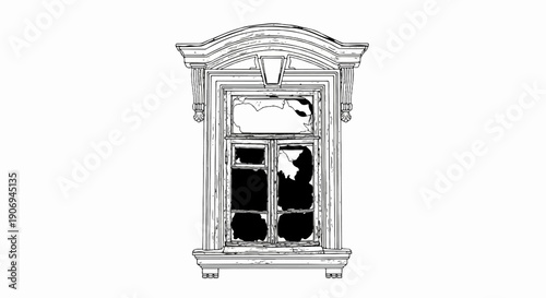 Ornate, damaged window frame with broken panes, suggesting neglect