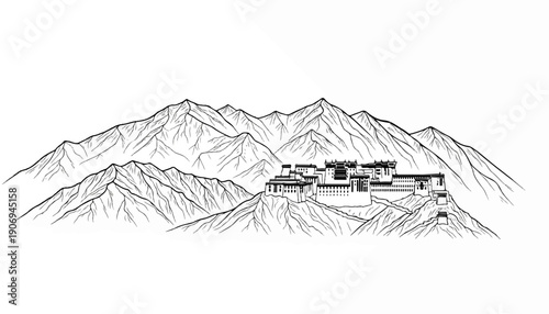 Monochromatic sketch of a monastic complex perched on a mountain range