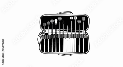 Open makeup brush case filled with an assortment of brushes
