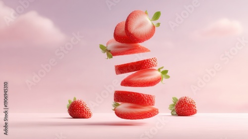 Fresh strawberries falling, creating a dynamic composition on a pink background, symbolizing healthy eating and sweet a treat