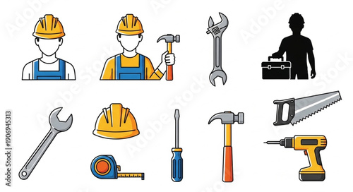 Construction worker tools and equipment illustration.