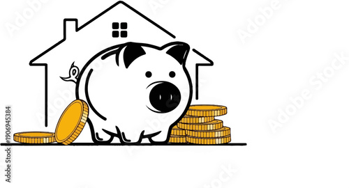 Piggy bank and coins in front of a house outline, symbolizing savings