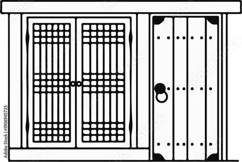 Ornate patterned double doors next to a single, paneled door with ring handle